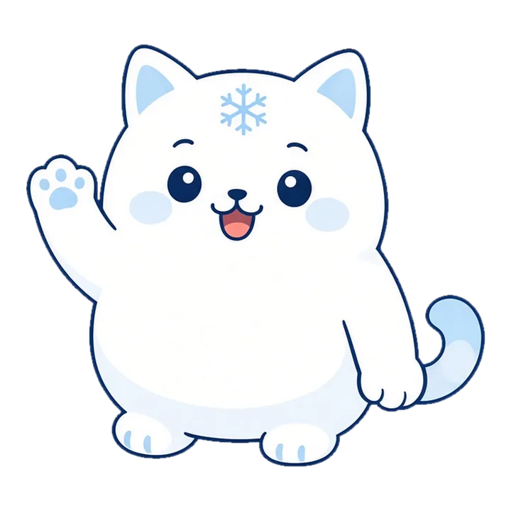 Fuyu แมวหิมะสีขาว มาสคอตของ Fuyu กำลังโบกมือทักทาย